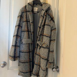 Stoosh Plaid Sherpa Faux Wool Long Jacket Shacket